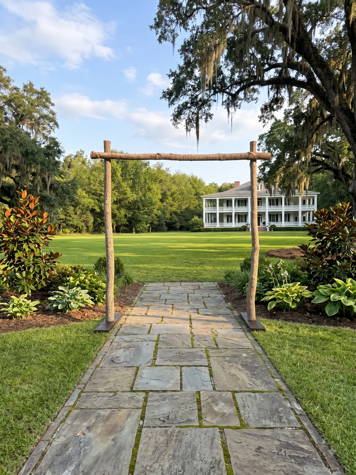Stone ceremony path through a rustic wooden wedding arch toward a Southern estate lawn in Montgomery, Alabama